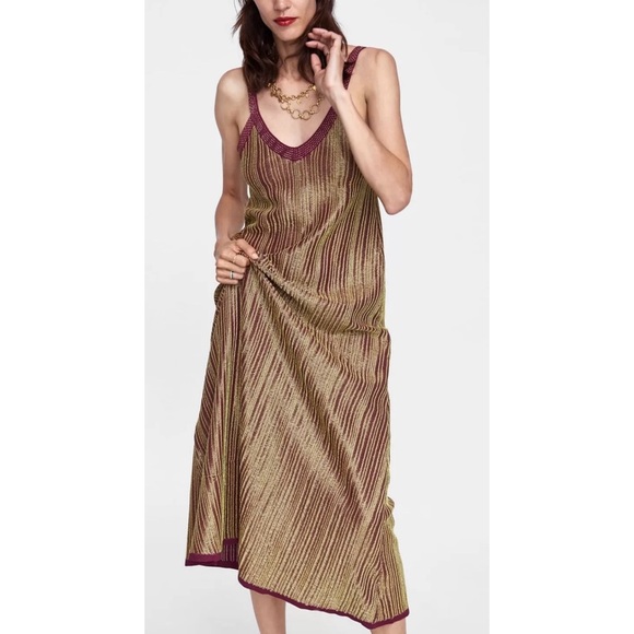 Zara gold metallic thread knit midi dress - Picture 1 of 14